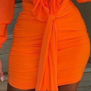 Neon orange ruched knot skirt